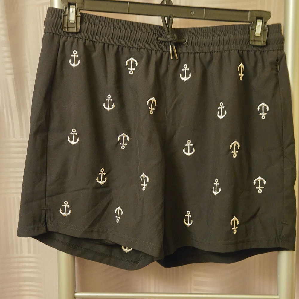 Brisira Mens Swim Trunks Black Embroidered Anchor Nautical Shorts Size US M NWT